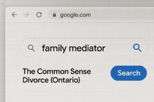 How To Choose a Good Mediator 1 Google search for A Good Mediator Near me, showing The Common Sense Divorce (Ontario) as a top result