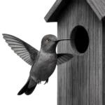 The Common Sense Guide to The Matrimonial Home 16 Black and white image of a hummingbird hovering in front of a birdhouse, with colorized eyes symbolizing vigilance, personal space, and home boundaries during separation