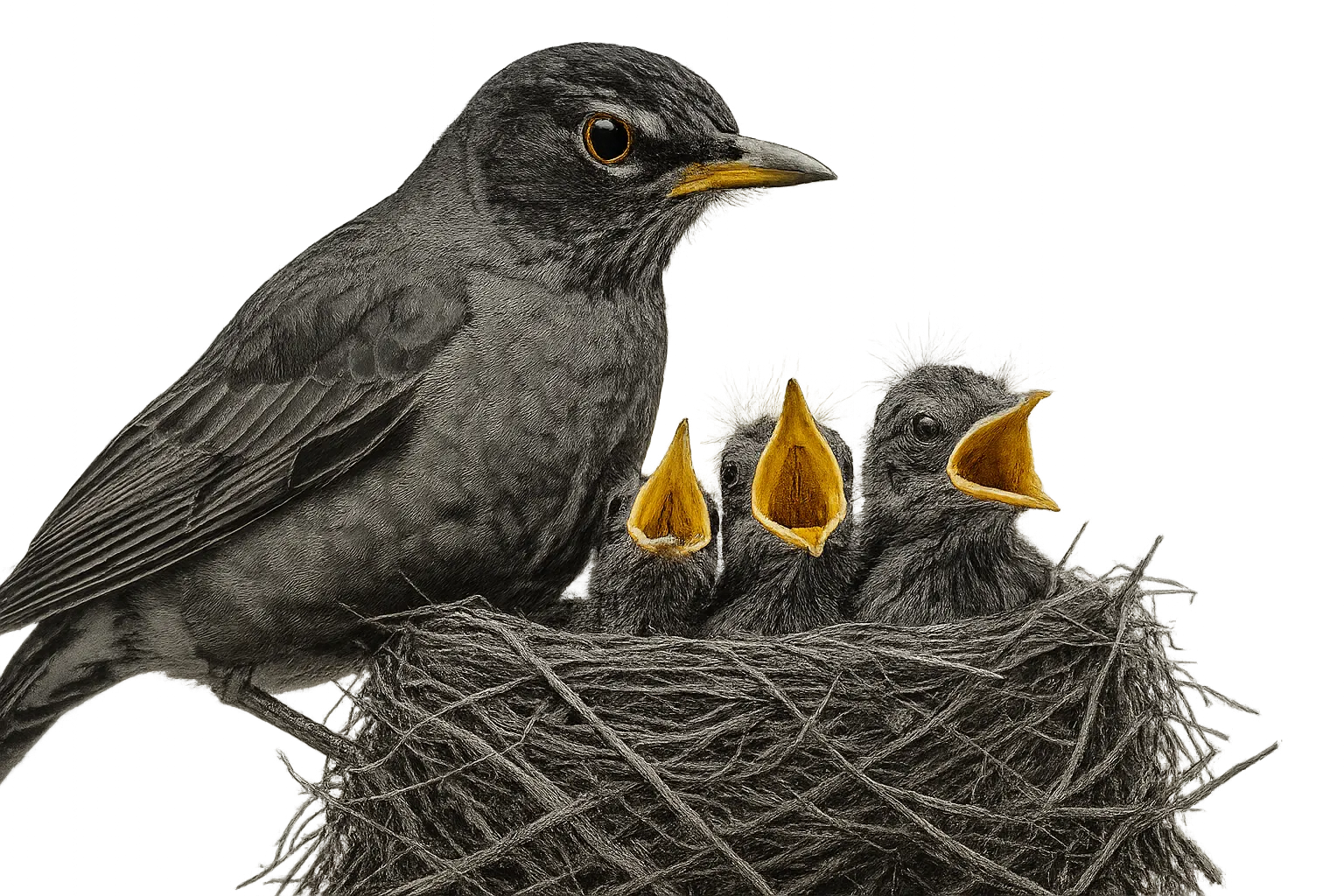 The Common Sense Guide to The Matrimonial Home 1 Black and white image of a mother robin in a nest with her chicks, eyes selectively colorized to symbolize protection, stability, and the importance of the matrimonial home during divorce